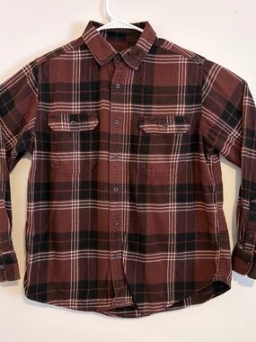 George Casual Button Down Mens Medium Brown Black Plaid Rugged Flannel Shirt